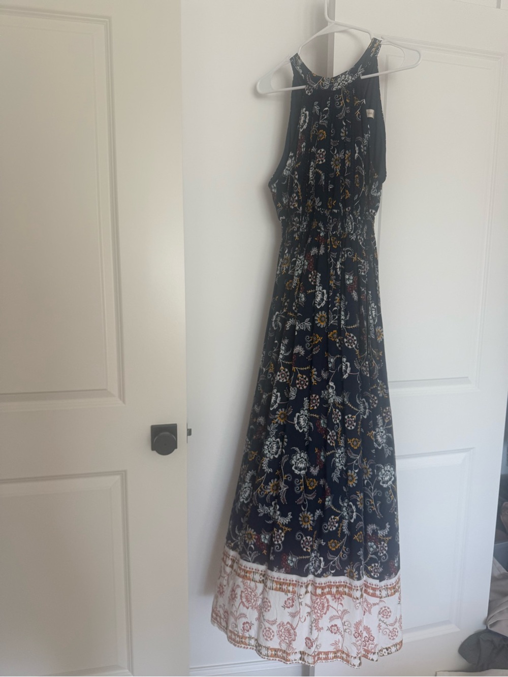 Altar'd State Navy Floral Halter Maxi Dress with Cream Contrast Hem